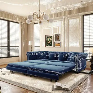 Chesterfield Sofa,89 " W 3-in-1 Pull-Out Sofa Bed, Convertible Sleeper Sofa Bed,King Size Sofa Bed, Chaise Lounge,Velvet 3-Seater Sofa with Movable Ottoman,  Tufted Design, Blue(New Sku:W1885S00175)    RR