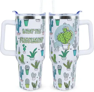 40 oz Cute Cactus Tumbler with Handle and Straw, What the Fucculent Stainless Steel Insulated Cup with Lid and Straw, Travel Mug Water Bottle, Gifts for Women