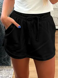 French Terry Drawstring Elastic Waistband Mini Skort with Pockets, Flattering Silhouette That Combines The Best Of Skirts and Shorts.