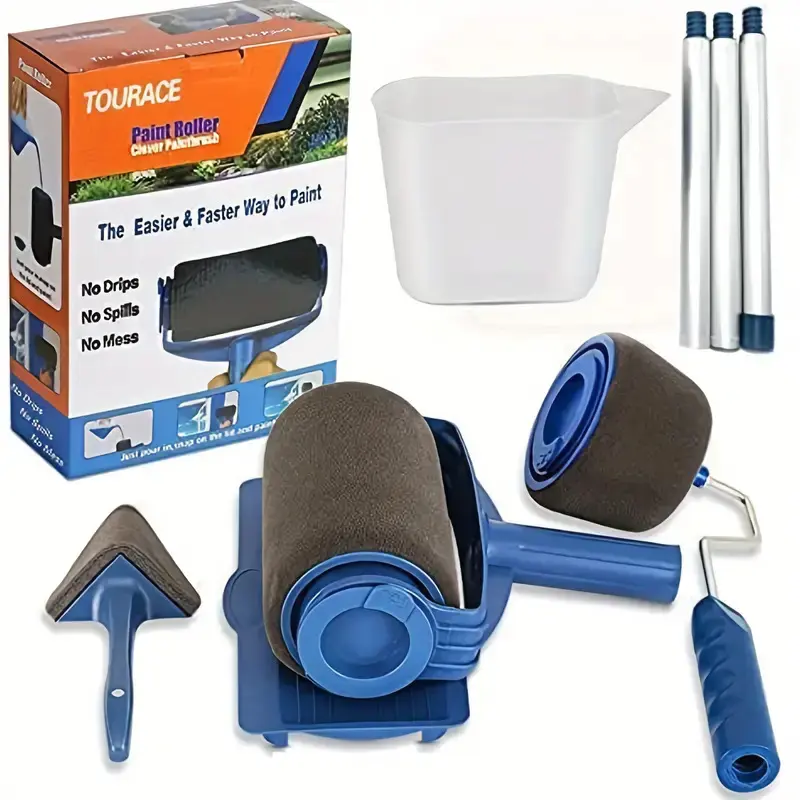 Paint Roller Kit with Extension Pole for Extended Reach, Tray, 3 Blue Rollers & 2 Adjustment Tools, Easier Complete Wall Painting Set with Clean Lines