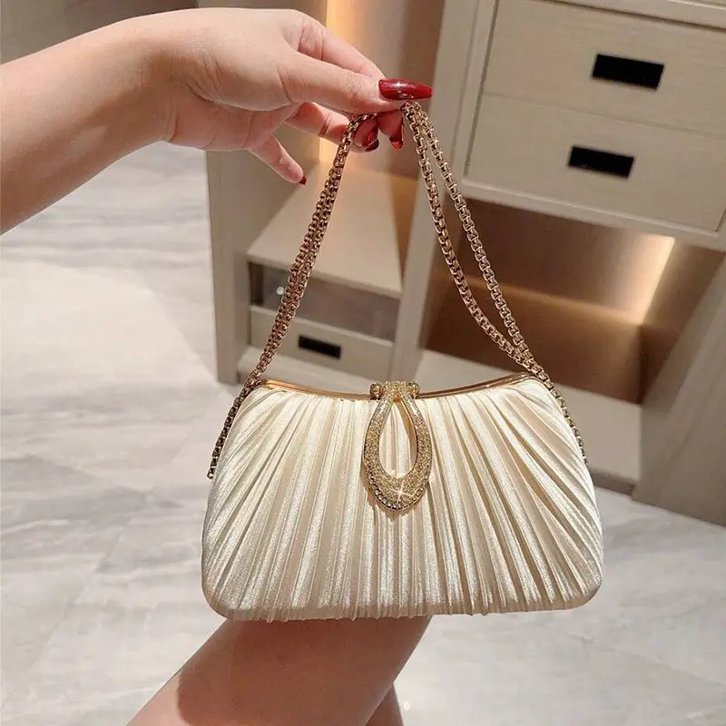 Elegant Pleated Box Shaped Party Clutch for Women with Luxury Bracelet Handle and Glitter Accents Charming Formal Evening Dress Bag Ideal for Dates Galas Birthdays and Formal Events
