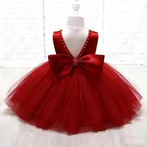 Christmas Dress For Baby Girls Formal Dress with Large Bowknot Backless Satin Tulle Party Birthday Baby Flower Girl Dresses Infant Red frocks Newborn Princess Gown