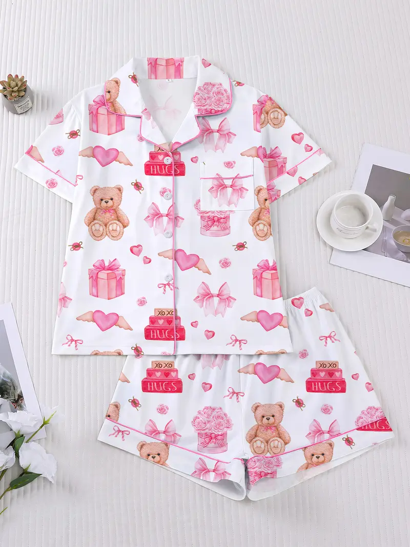 Two piece women's sleepwear set with Valentine's Day teddy bear themed print, knitted fabric, comfortable to wear all year round, short sleeved button top, matching shorts, collar and pocket details, suitable for women's adult sleepwear set