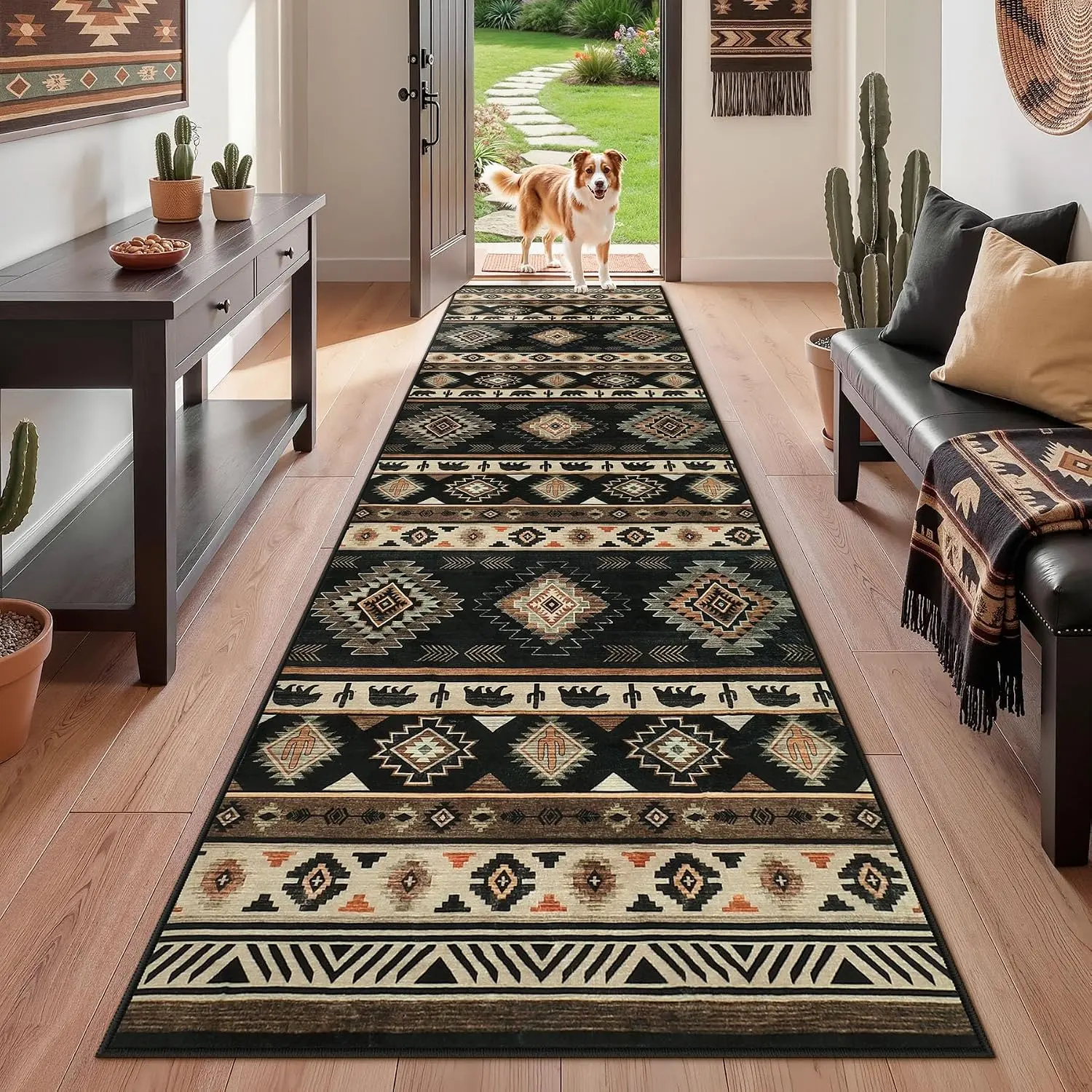 Tribesigns Southwestern 2.5'x8' Black Washable Hallway Kitchen Runner Rug | Non Slip with 4pcs Rug Tape, Soft Low Pile Stain Resistance Machine Washable, Western Tribal Long Carpet for Bathroom Laundry