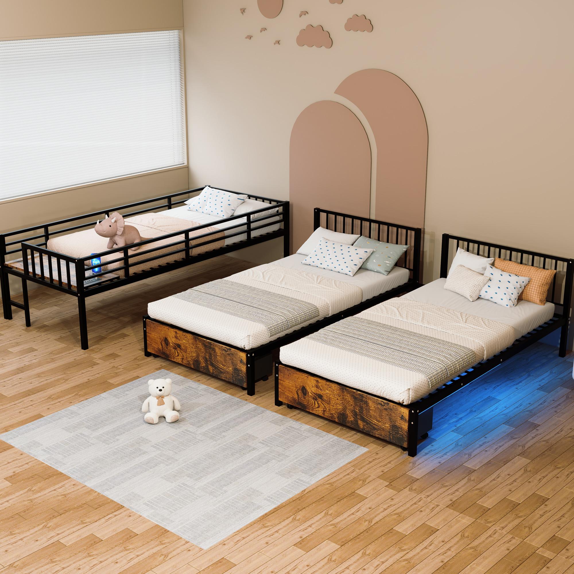 Triple Bunk Bed for 3 Kids, Metal Bunk Bed Frame with 2 Large Drawers and Charging Station, Metal Triple Bunk Beds, Separates Into 3 Twin Beds,Noise Reduced Structure, Black Triple Bunk Bed for 3 Kids, Metal Bunk Bed Frame with 2 Large Drawers and Charging Station, Metal Triple Bunk Beds, Separates Into 3 Twin Beds,Noise Reduced Structure, Black
