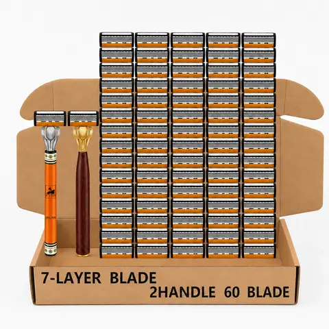Men's 7-Layer Manual Shaver Set - 2 Durable Wood-Grain Handles, 60 Non-Toxic Replaceable Blade Cartridges, Multi-Head Razors for Thick Beards & Sensitive Skin Adults, Beard Hair Shaver for Face Close Shave Daily Shaving Tool