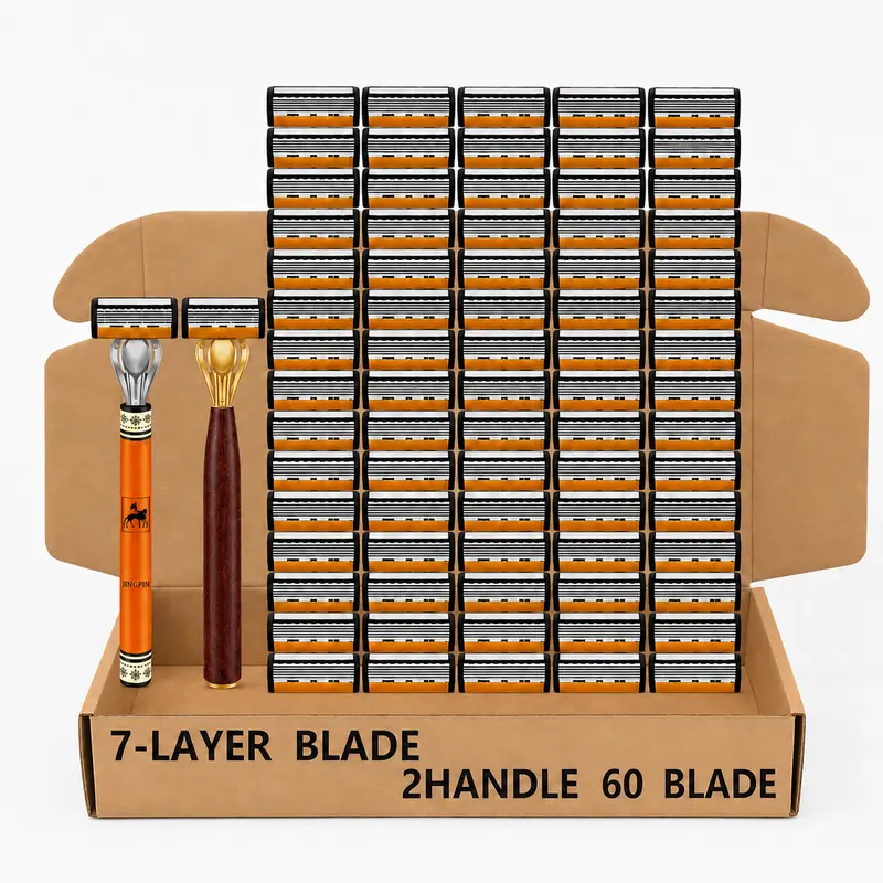 Men's 7-Layer Manual Shaver Set - 2 Durable Wood-Grain Handles, 60 Non-Toxic Replaceable Blade Cartridges, Multi-Head Razors for Thick Beards & Sensitive Skin Adults, Beard Hair Shaver for Face Close Shave Daily Shaving Tool