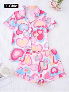 【Valentine's Day】Women's Valentine's Day Sleepwear Loungewear Pajama Set, Heart Print Casual Fit, Short Sleeves, Pockets & Elastic Shorts, Perfect Gift for Her