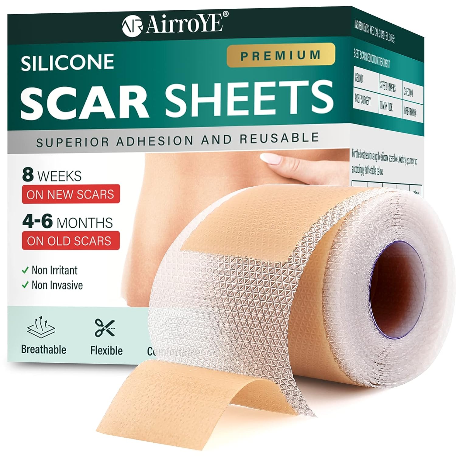 AirroYE Premium Silicone Scar Sheets 1.6"x120" Roll-3M Reusable Effective Removal for Surgical Scars Healing Keloids C-S