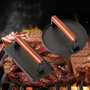 Cast Iron Meat Press, 1 Count Non-stick Uncoated Hamburger Meat Press, Square Round Thickened Wooden Handle Barbecue Grill Iron Plate, Kitchen Utensils, Kitchenware, Kitchen Gadgets