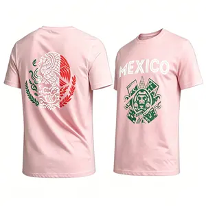 Mexico Pink Graphic Cotton T-Shirt Aztec Calendar Retro Tee Soccer Fan Top Summer Streetwear Clothes Unisex Light Pink Crewneck Short Sleeve Double Sided Print Mexican Eagle Coat of Arms Emblem Casual Oversized Throwback Apparel good