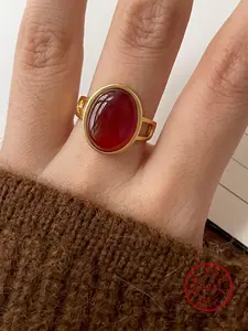925 Sterling Silver Fashion Elegant Vintage Red Synthetic Agate Opening Adjustable Women's Ring, Trendy All-match & Exquisite Jewelry for Birthday Gift, Fashion Rings