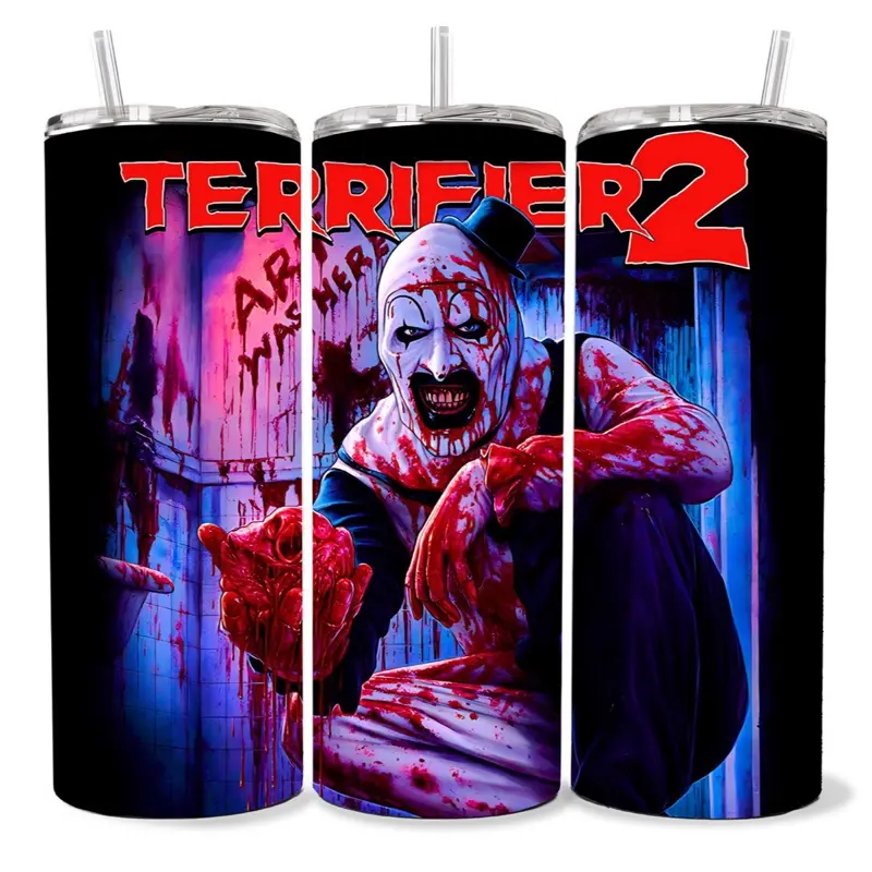 Terrifier 20 oz Tumbler - BPA Free, Stainless Steel, Leak Proof, Clear Lid, Includes Straw