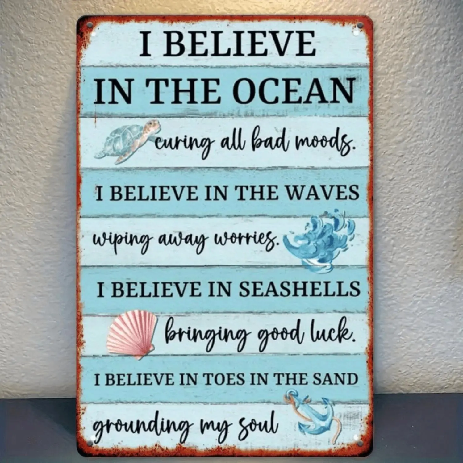 1pc 2D Flat 12X8 Inch Wall Art - "I Believe in The Ocean" Nautical Theme with Turtle, Waves And Seashells, Rustic Blue And White Decor for Beach House, Bedroom, Cafe, Vacation Home, Bathroom - Perfect Gift for Ocean Lovers