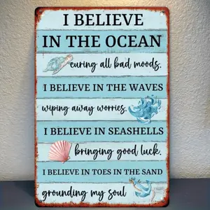 1pc 2D Flat 12X8 Inch Wall Art - "I Believe in The Ocean" Nautical Theme with Turtle, Waves And Seashells, Rustic Blue And White Decor for Beach House, Bedroom, Cafe, Vacation Home, Bathroom - Perfect Gift for Ocean Lovers