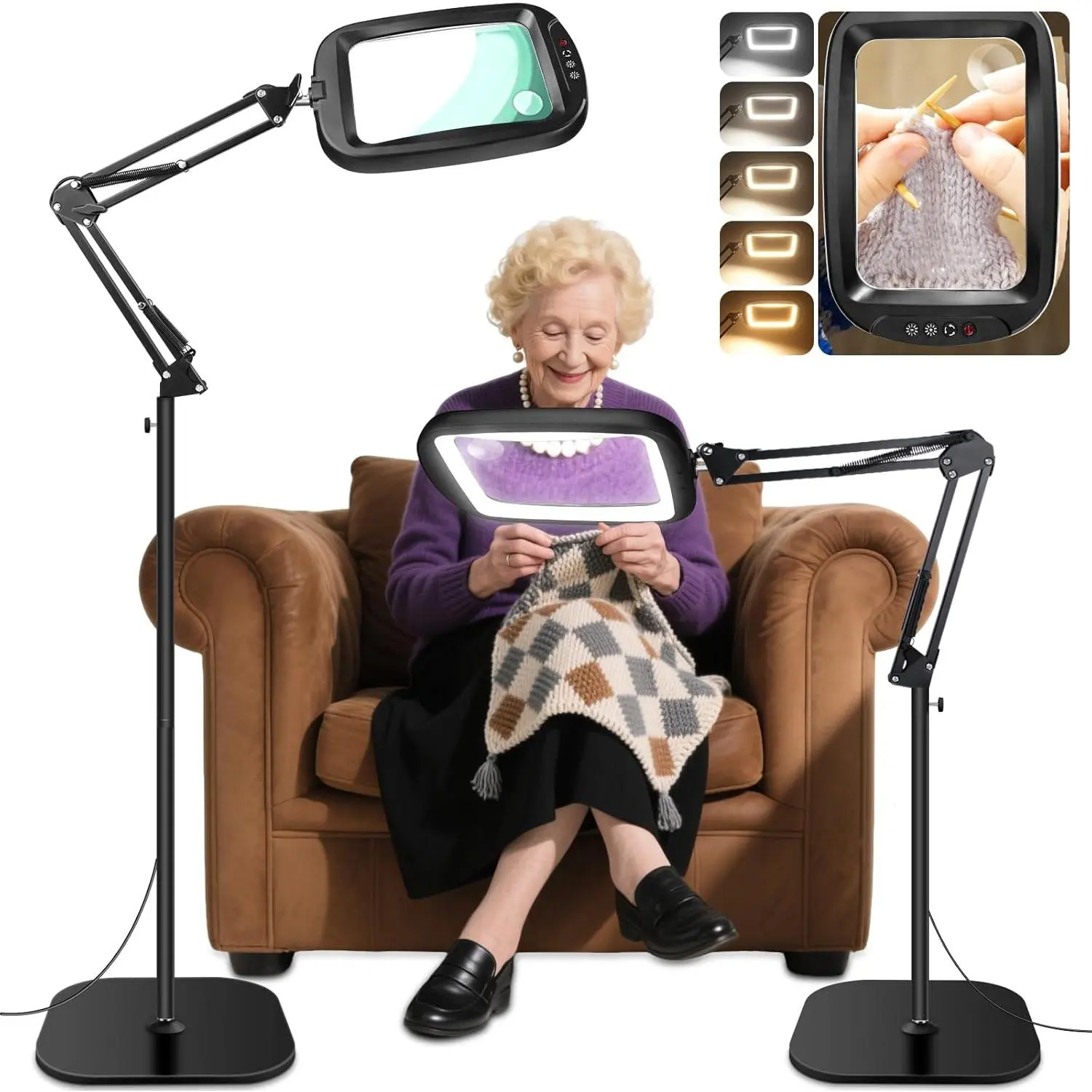 Black 2-in-1 Floor Magnifying Glass with Light and Adjustable Stand, 7-Inch Extra Large Lens, 30x/10x Magnification for Reading & Crafts