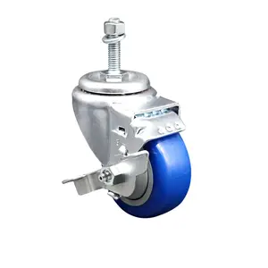 Service Caster SCC-TS20S3514-PPUB-BLUE-TLB-381615 Polyurethane Swivel Threaded Stem Caster with 3.5x1.25 in. Blue Swivel Wheels, 0.38 in. Stem, Top-Locking Brake