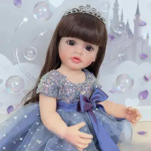 Cherished Collection 22 Inch Real Life Reborn Toddler Doll Girl Full Body Vinyl Brown Hair Princess Role Playing Toy for Kids Women Realistic Soft Body Baby Doll Gift Set