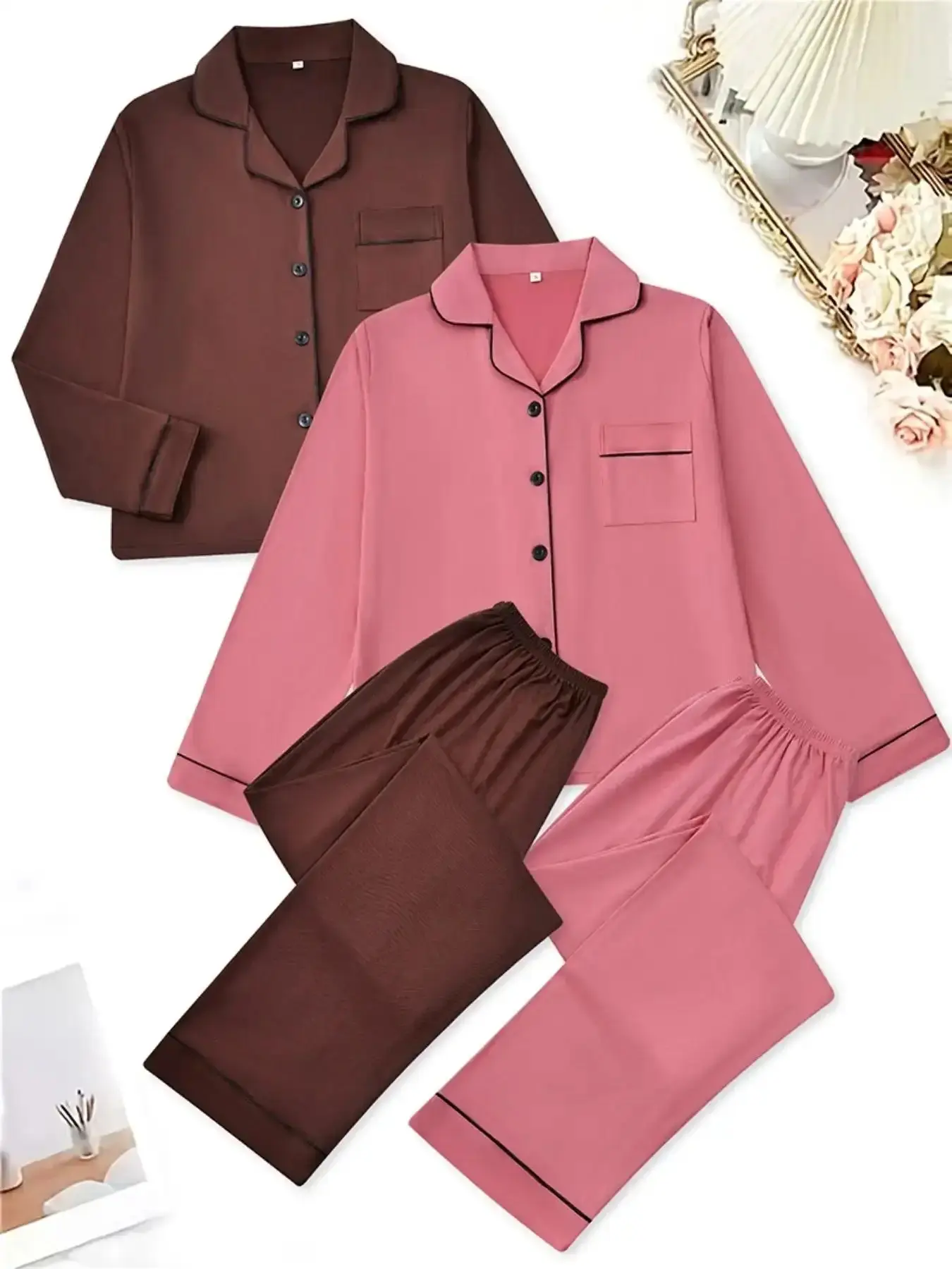 Women's Flattering Sleepwear Set, Pajama Set, Loungewear, Lapel Open Front Pure Color Suit, Comfortable Long Sleeve Pants Home Wear, All-Seasons, tailored comfort, sleek line, flattering drape