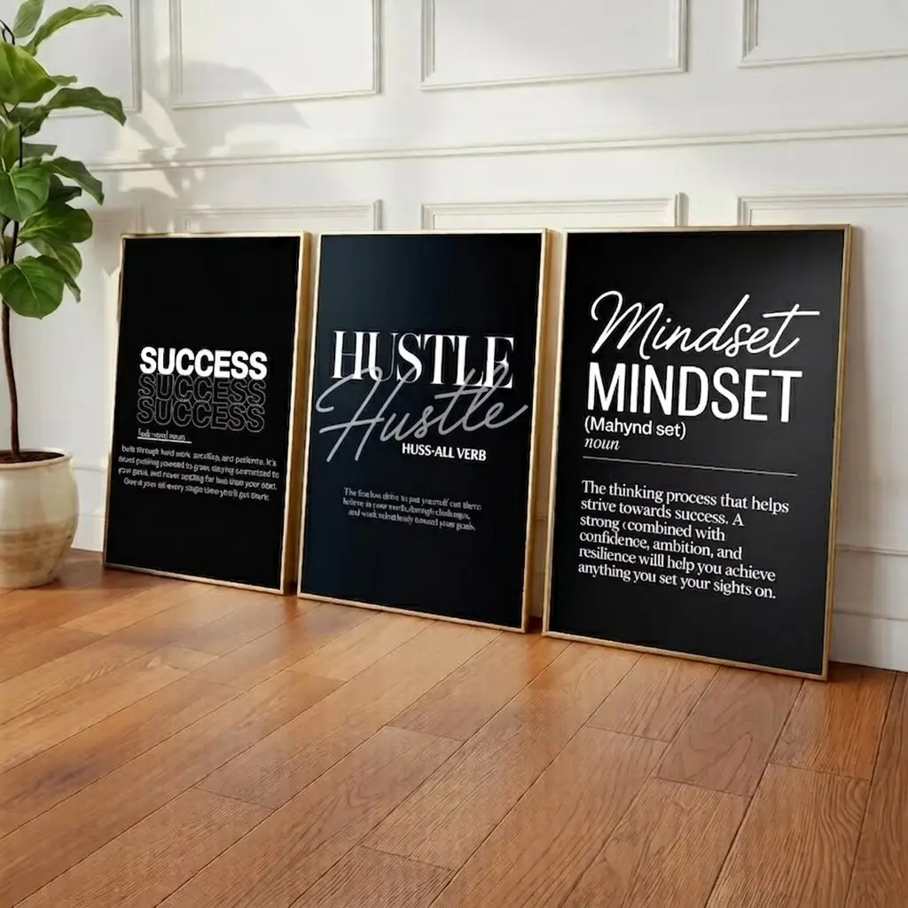3-Piece Minimalist Motivational Wall Art Prints Set - Mindset, Success, Hustle Themes - Modern Office Decor - Printable Digital Download