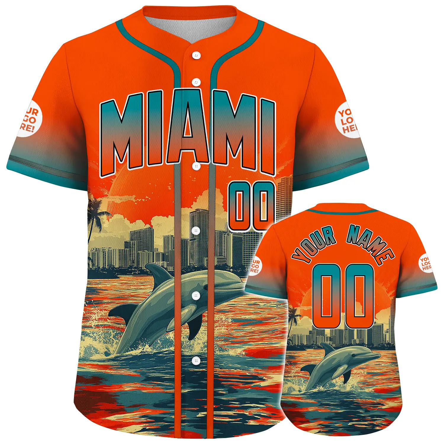 Aqua Orange Miami Florida Fierce Dolphin City Backdrop Colorful Sunset Custom Name Baseball Jerseys, Personalize Custom Logo, Number, Name Men's Baseball Jersey