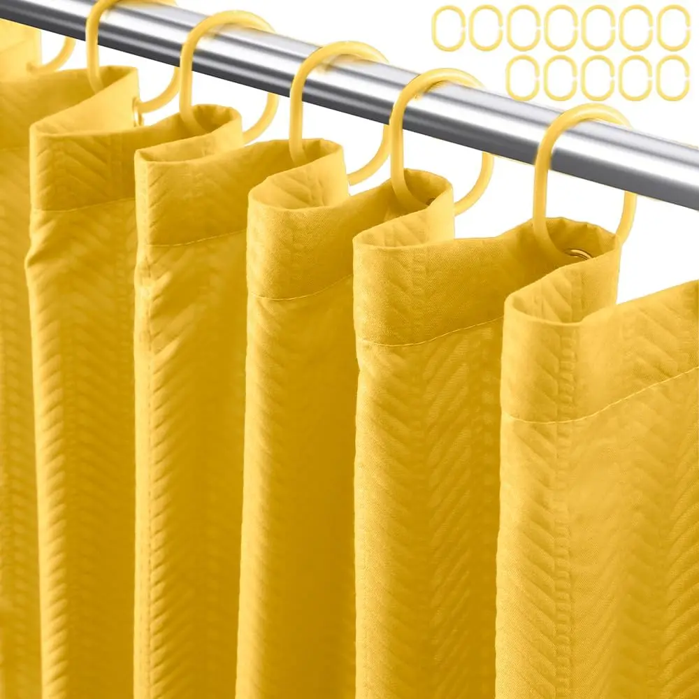 Yellow Fabric Shower Curtain or Liner - Leaf Weave Textured Thin Cloth Shower Curtains for room, Hotel Luxury Light Weighted  Curtain Set with 12 Hooks,72x72, Yellow