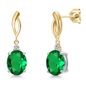 925 Silver and 10K Yellow Gold Green Nano Emerald and Lab Grown Diamond Dangle Earrings for Women | 4.13 Cttw | Gemstone May Birthstone | Oval 10X8MM