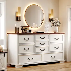 RaybeeFuriture Farmhouse 9 Drawer Dresser for Bedroom, 52" Wooden Dresser with Vintage Design, Hallway, 15.6" D x 52" W x 36" H