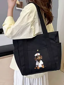 Cute Nurse Dog Pattern Unique Print Large Capacity Tote Bag, College Style Shoulder Bag, Pet Lover Exclusive, Zipper Closure, Durable Backpack