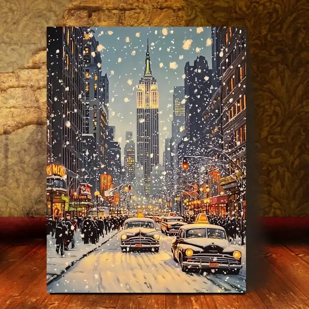 Vintage New York City Christmas Canvas Art Print| Snowy Winter Scene with Empire State Building, 11.0x8.0 inch, Teak Wrapped Canvas Frame, Wall Decor for Living Room, Bedroom, Office, Cafe - Unique Holiday Gift and Home Decoration, 2D Flat	