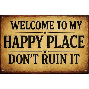 Welcome Sign for Front Door Round Metal Welcome to My Happy Place Plaque for Home Office Bedroom Kitchen Dining or Bar Decor, Perfect Room Decoration