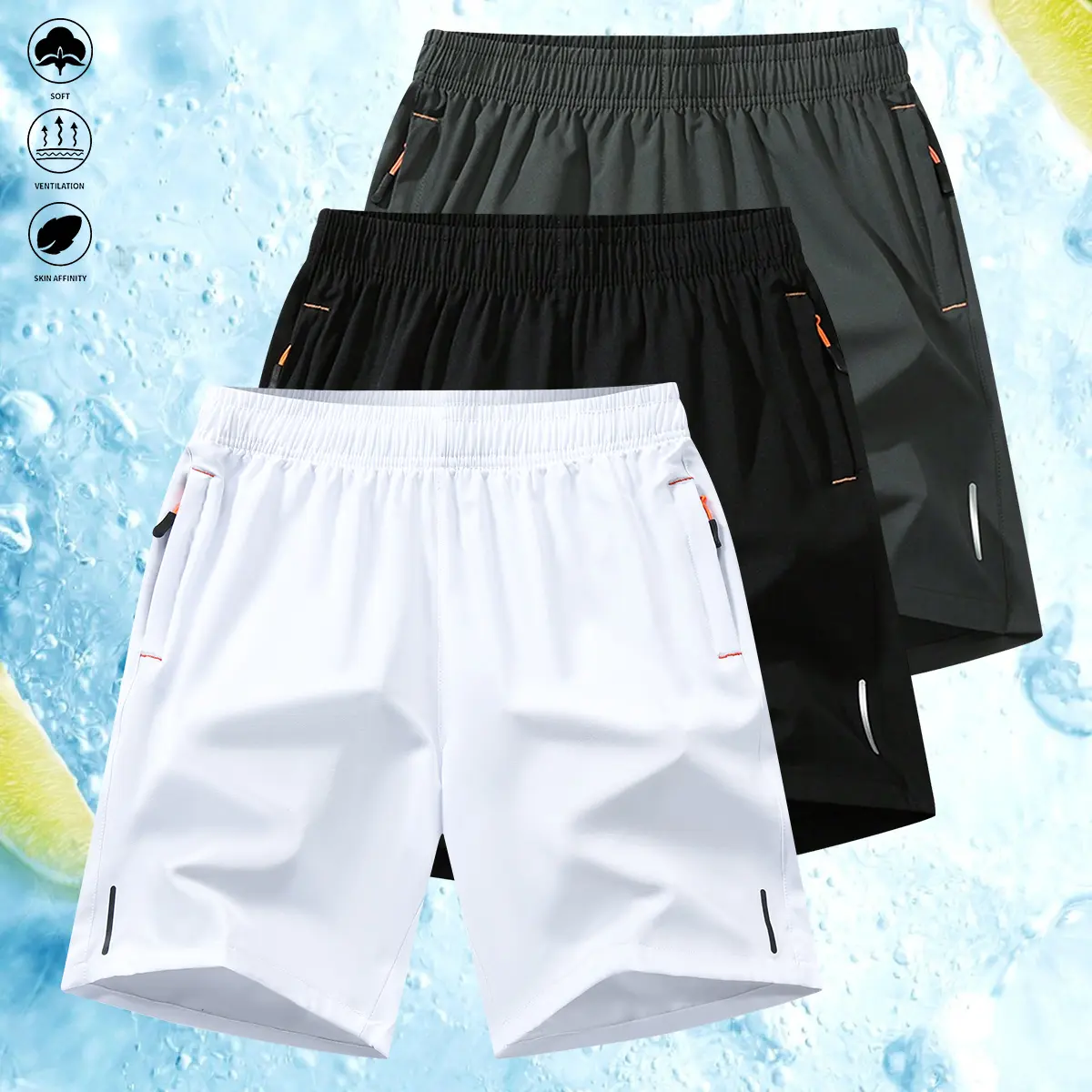 3-pack men's solid color zipper pocket shorts - summer casual comfortable breathable shorts, men's everyday bottoms, suitable for casual daily wear and sports fitness running, tropical beige, men's shorts