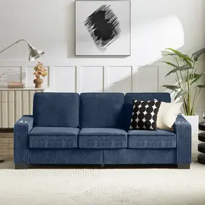 3 Seater Couch Upholstered Sofa for Living Room,Modern Deep Seat Comfy Oversized Loveseat Couches with Cup Holders, 84" Love Seat Sofa Corduroy,Blue