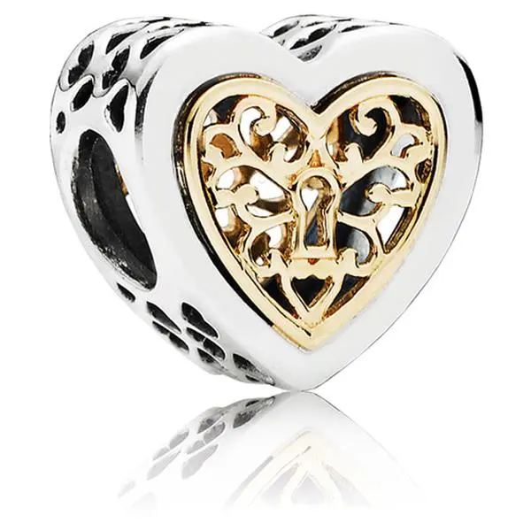 PANDORA Locked Hearts Dangle Charm, Romantic 2-Tone Sterling Silver and 14kt Gold Filigree Heart, Gift Idea 791740, Heart Shape