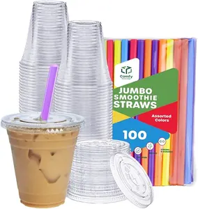 100 Count Clear Plastic Cups With Flat Lids & Straws 12oz-16oz-20oz-24oz, Disposable Clear Drinking Cups For Iced Coffee Christmas