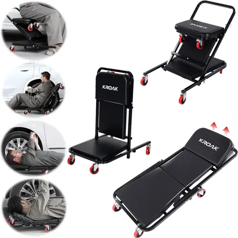 【ToolUpgrade】40-in Adjustable Foldable 4-in-1 Mechanic Creeper Seat, 450lb Capacity Auto Repair Tool with 6 360° Swivel Wheels, Anti-Tip Stays Steady Rolling Tool for Under-Car Work, Black, Dad Gift