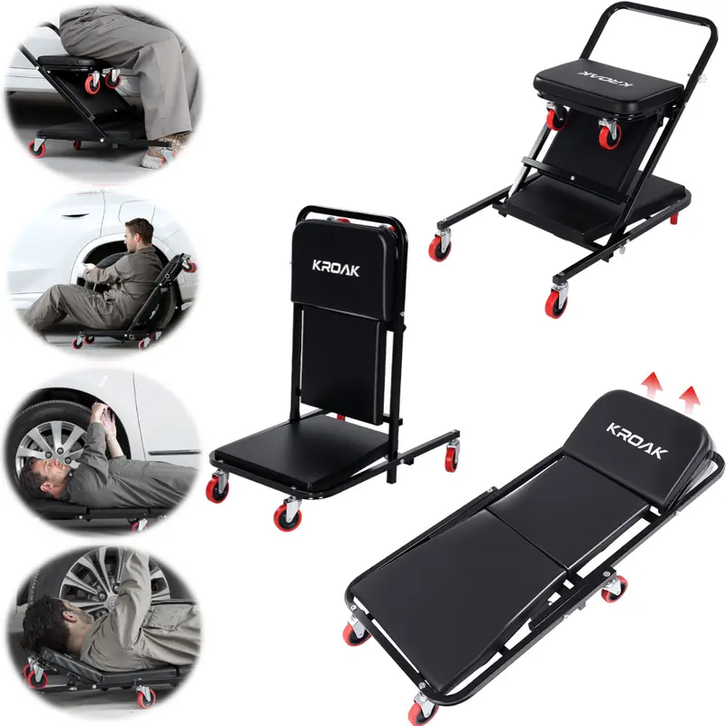 【ToolUpgrade】40-in Adjustable Foldable 4-in-1 Mechanic Creeper Seat, 450lb Capacity Auto Repair Tool with 6 360° Swivel Wheels, Anti-Tip Stays Steady Rolling Tool for Under-Car Work, Black, Dad Gift