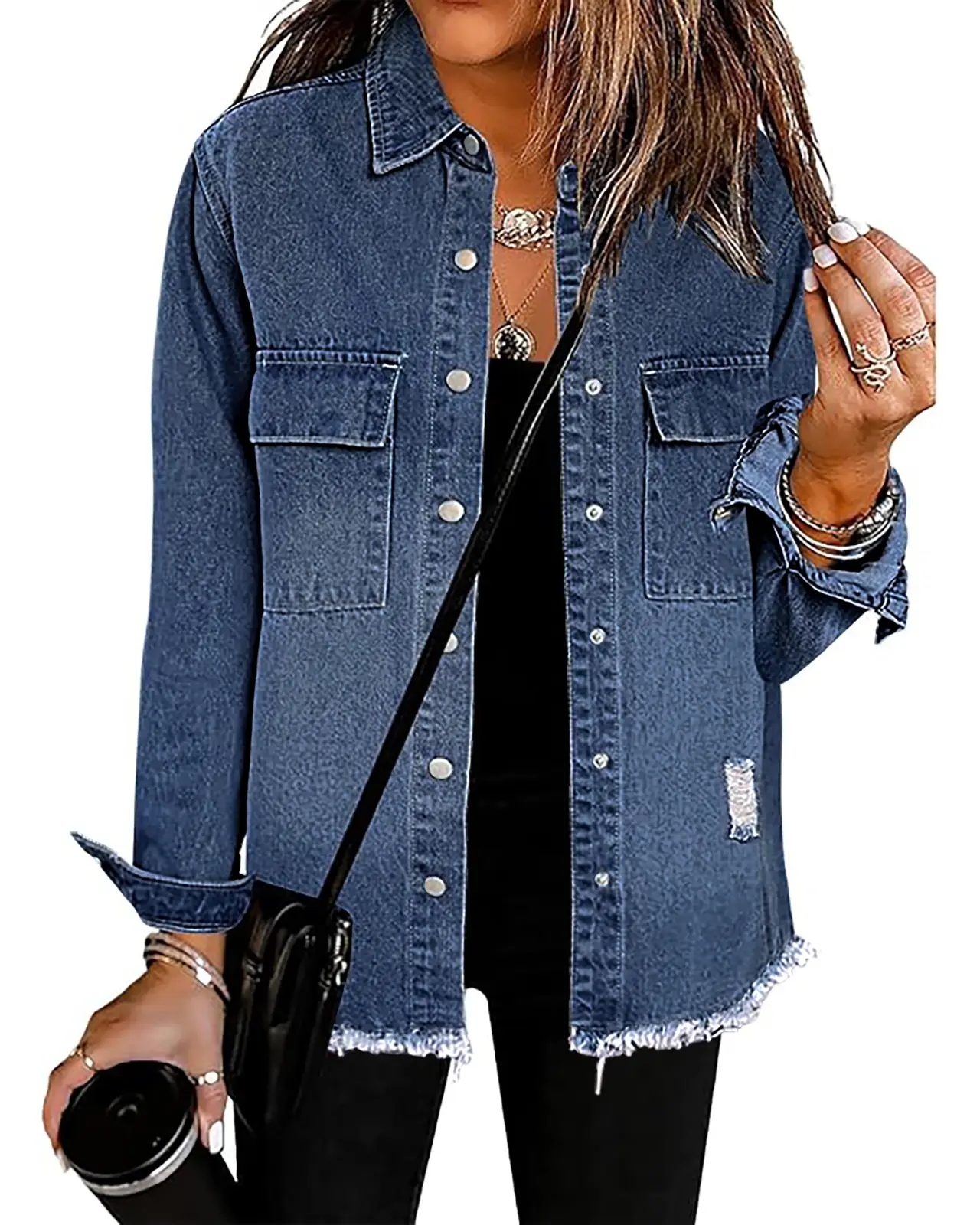 NECOOER Women's Relaxed Distressed Boyfriend Cotton Blend Denim Jacket, Oversized Long Sleeves Washed Jean Shacket with Frayed Hem, Snap Button Closure, Side Pockets, Fall Layer for Back to School, Travel
