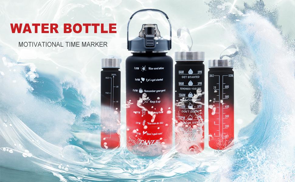 4pcs Water Bottle Set,64oz+28oz+14oz+9oz Large Capacity Sports Fitness Water Bottle,Leak Proof,Straw Inspirational Water Bottle,For Family Camping Outdoor