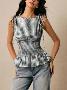 2026 New Women's Plaid Round Neck Strap Tie Waist Ruched Leaf Hem Sleeveless Top, Fresh Country Style Slim Fit, Elastic Waist French Vintage Short Vest