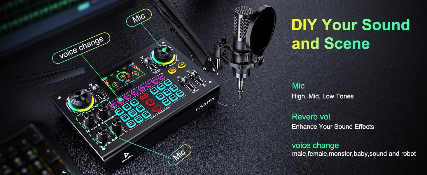 Ideanthro C200 PRO-P15 Rechargeable Podcast Microphone Bundle with Dual-Core DSP Sound Card, Dual Mic & Dual Headphone Support, Adjustable Tone, Multiple Voice Changer Effects, Compatible with Most Live Streaming Platforms