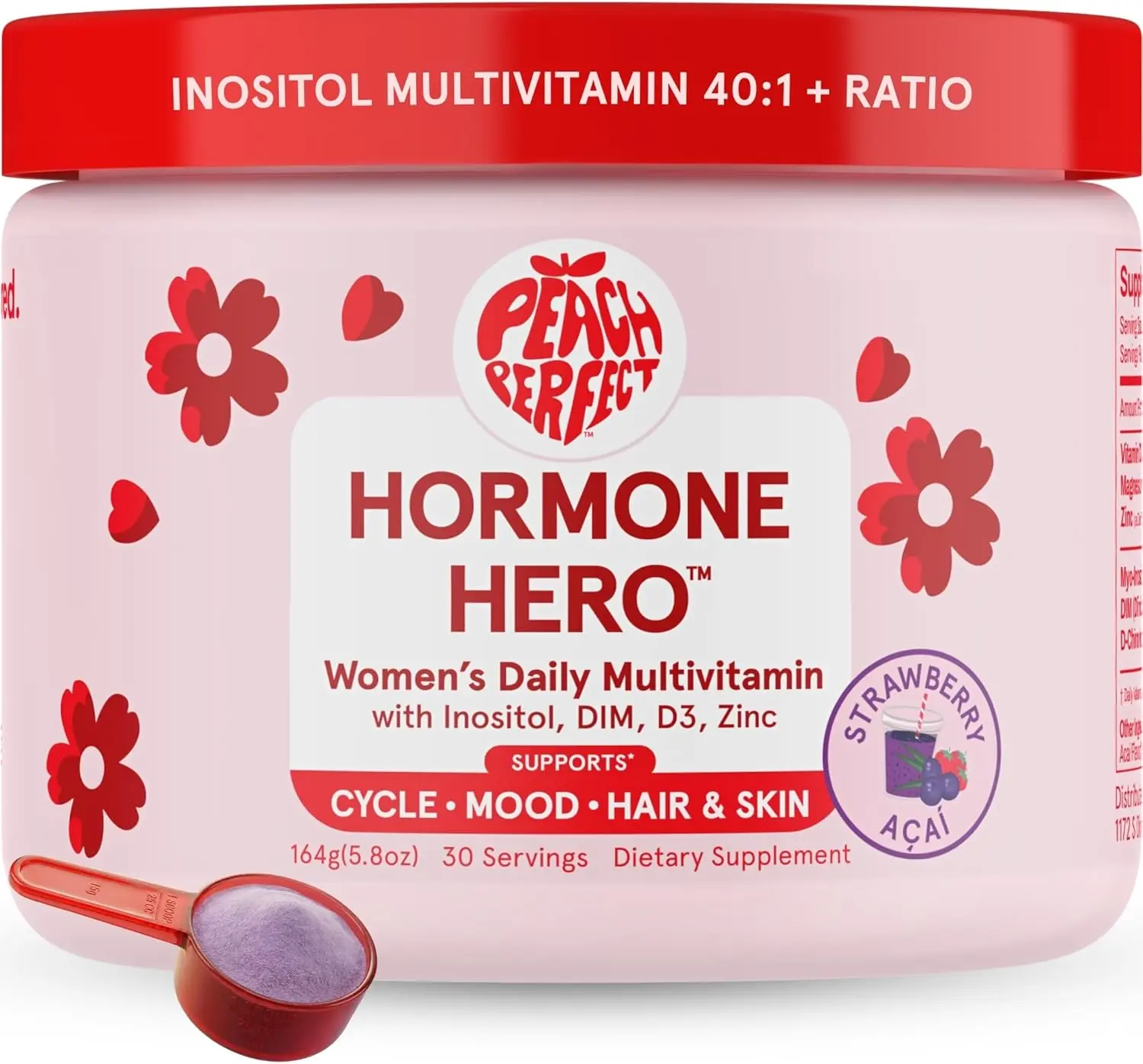 Peach Perfect Inositol Powder Multivitamin, Strawberry Acai Flavor – 4g Myo & D-Chiro Inositol, DIM, Zinc, Magnesium Glycinate, Vitamin D3 – Supports Women’s Health, Cycle, Energy, 30 SVG