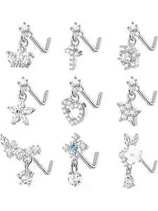 9 Pcs Silvery Golden Elegant Nose Piercing Jewelry Set for Women Men 316 Stainless Steel Copper for Safe Wear Classic L-shaped Structure for Easy Insertion Steady Charming Dangle Nose Studs Dazzling CZ Delicate Motifs Cross Crown Flower Heart Patterns