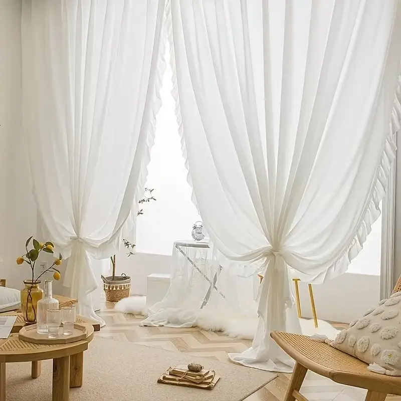 1pc Pleated Skirt Half-Transparent Curtain, Window Drapes, Modern Minimalist Style, French Romantic Window Decor for Bedroom Living Room