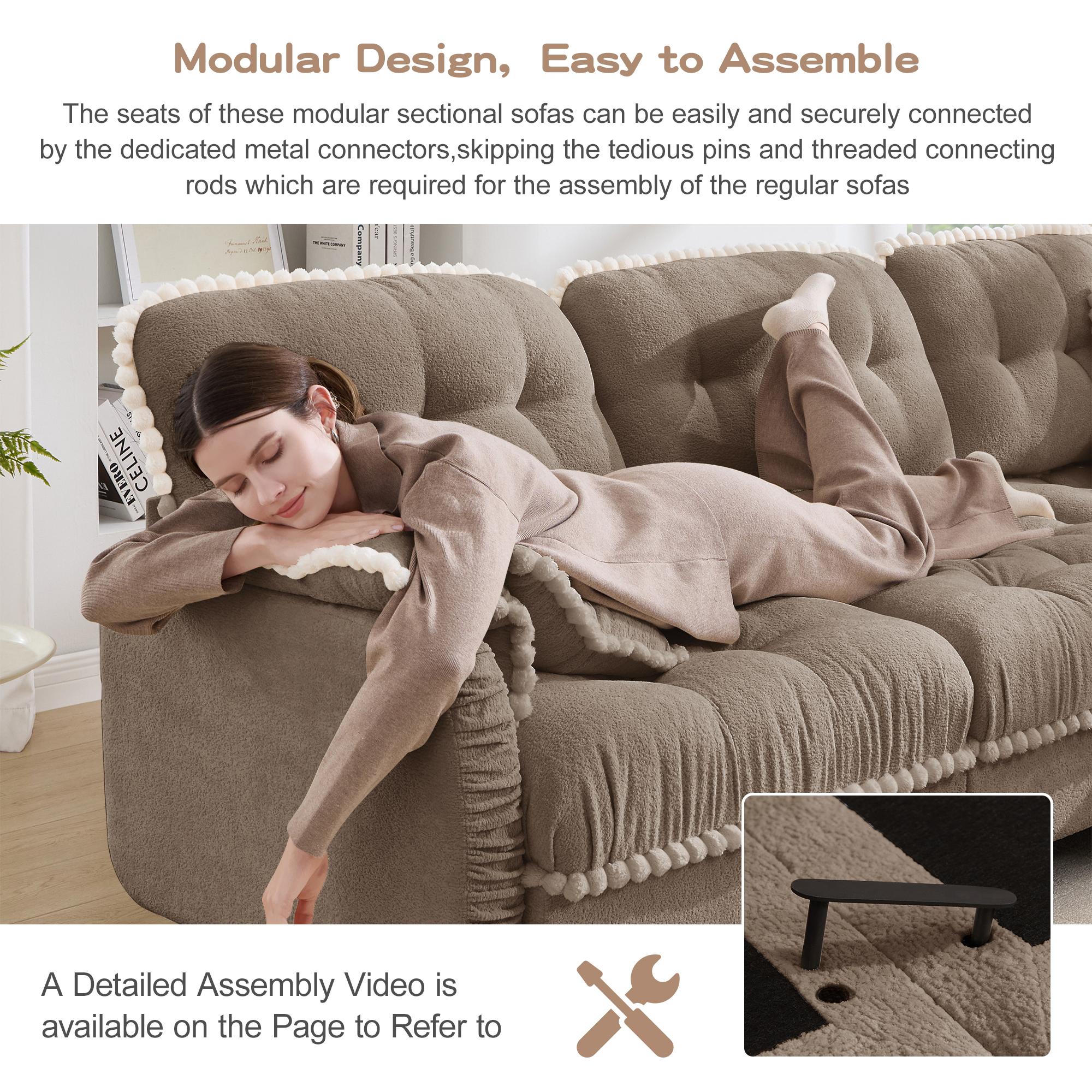 Eyisean 100.7in Chenille Modern Modular Sectional Sofa Furniture - 3-Seater U-Shaped Comfy Couch with Fixed Arms, Armrest Pillow, Back Cushion, 2 Movable Ottomans, Pom-Pom Trim Quilted Tufted Deep Seat, Ergonomic for Living Room Decor, Small Spaces, Ottom