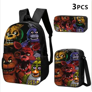 Five Nights at Freddy's 3-Piece Backpack Set, FNAF Animatronics Print School Bag + Lunch Bag + Pencil Case, Oxford Cloth Adjustable Strap Daypack for Horror Game Fans & Kids