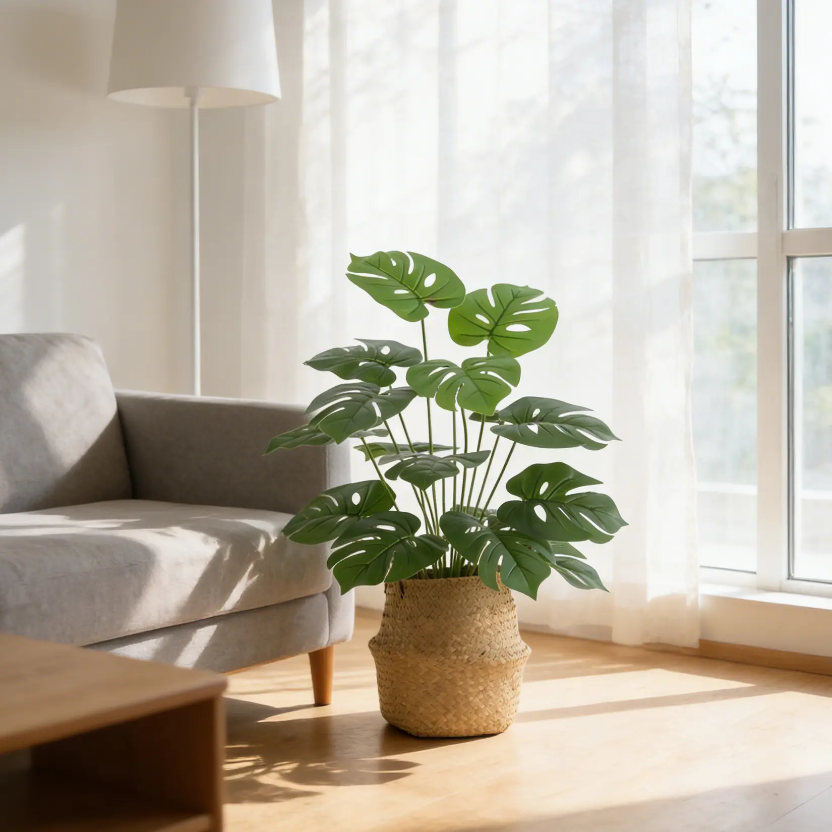 OUTGOODS 2-Pack 44" Tall Lightweight Plastic Potted Artificial Monstera Tree Set, Decorative Black Pot, Woven Basket, Shade-Tolerant Tree-Shaped Faux Leaf Plant, Indoor Centerpiece for Living Room, Office Accent, Potted Artificial Plants