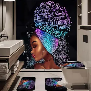 1/4pc Beautiful Black Girl Pattern Bathroom Set, The 4-piece set includes a single shower curtain, anti slip floor mat, toilet U-shaped mat, toilet lid mat, with shower curtain hook, and belongs to bathroom decoration products