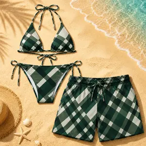 Bury Green Palette Matching Couple Swimwear Set 2026, Viral Couple Bikini & Men’s Swim Shorts, Summer Beach Vacation Outfit
