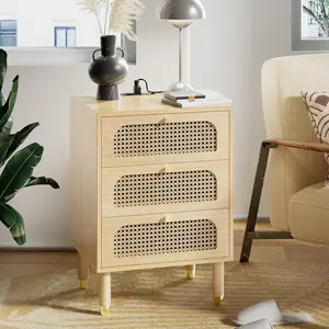 Rattan Nightstands with Charging Station, 19" W x 27" H Nightstand 3 Drawer, Nightstand/End Table, Rattan Bed Side Table for Bedroom